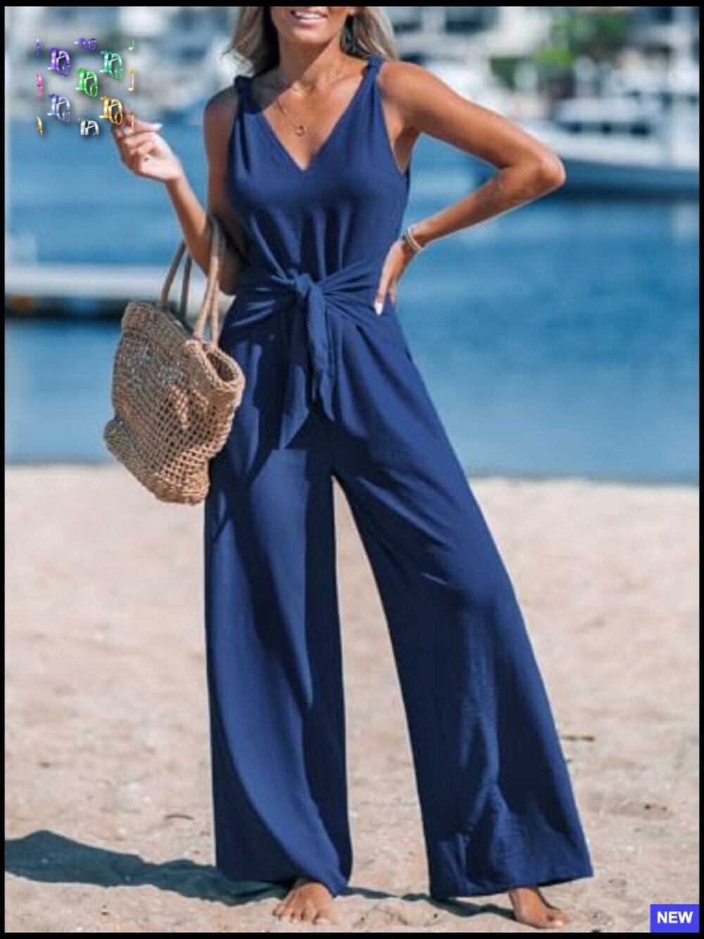 Sleeveless V-Neck Jumpsuit Wide Leg Pants Tie Knot Chic Summer Romper - Picture 6 of 7